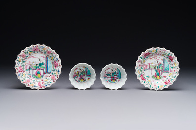 A pair of Chinese famille rose 'Xi Xiang Ji' cups and saucers, Yongzheng