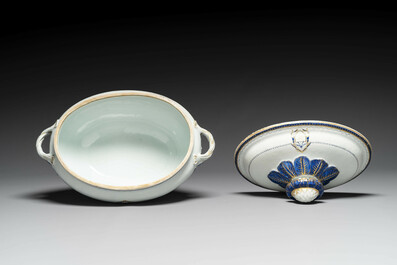 A Chinese export monogrammed blue-enameled and gilt tureen and cover, Qianlong