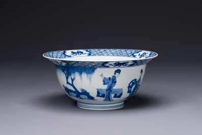 A Chinese blue and white 'klapmuts' bowl with a killing scene, Chenghua mark, Kangxi