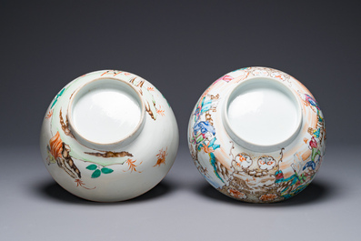 Un bol en porcelaine de Chine surd&eacute;cor&eacute; aux Pays-Bas et un bol famille rose de Canton &agrave; d&eacute;cor mandarin, Qianlong