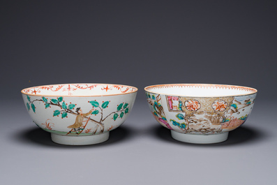 A Dutch-decorated Chinese bowl and a Canton famille rose 'mandarin subject' bowl, Qianlong