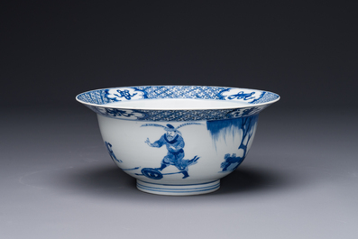 A Chinese blue and white 'klapmuts' bowl with a killing scene, Chenghua mark, Kangxi