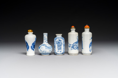 Five various Chinese blue and white snuff bottles, Yongzheng mark, 19/20th