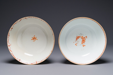 A Dutch-decorated Chinese bowl and a Canton famille rose 'mandarin subject' bowl, Qianlong