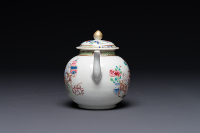 A fine Chinese famille rose teapot with a cat, lady and child, Yongzheng