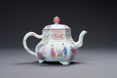 An exceptional large hexagonal Chinese famille rose teapot and cover, Yongzheng