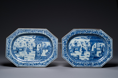 A pair of octagonal Chinese blue and white 'Xi Xiang Ji' dishes and a pair of famille rose dishes, Yongzheng