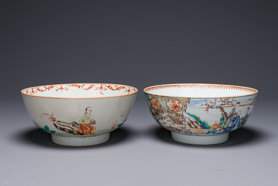 Un bol en porcelaine de Chine surd&eacute;cor&eacute; aux Pays-Bas et un bol famille rose de Canton &agrave; d&eacute;cor mandarin, Qianlong