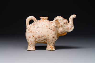 A rare Vietnamese polychrome painted stoneware elephant shaped jug, L&ecirc; dynasty, 16th C.