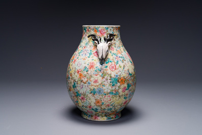 A Chinese famille rose 'millefleurs' 'hu' vase, Qianlong mark, Republic