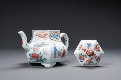 An exceptional large hexagonal Chinese famille rose teapot and cover, Yongzheng