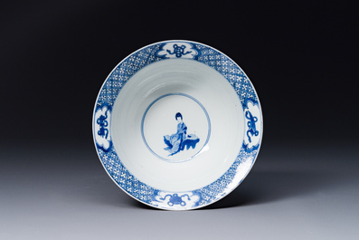 A Chinese blue and white 'klapmuts' bowl with a killing scene, Chenghua mark, Kangxi