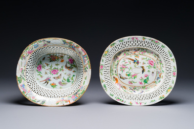 A Chinese Canton famille rose reticulated basket and stand, 19th C.