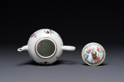 A fine Chinese famille rose teapot with a cat, lady and child, Yongzheng