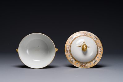 A Chinese Canton famille rose covered bowl and a matching plate, 19th C.