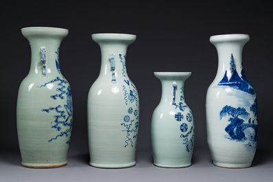 Quatre vases en porcelaine de Chine en bleu et blanc sur fond c&eacute;ladon, 19&egrave;me