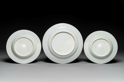 Three Chinese Meissen-style plates with a harbour view, Qianlong