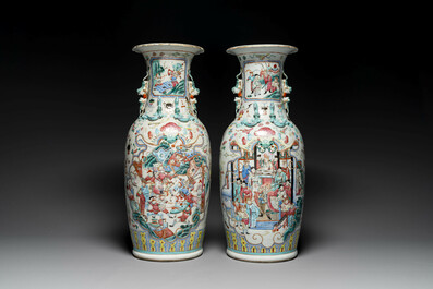 A pair of Chinese famille rose vases with narrative design, 19th C.