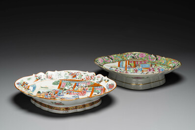 Two oval Chinese Canton famille rose tazzas, 19th C.