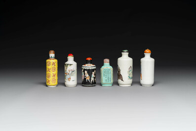 Six various Chinese famille verte and rose snuff bottles, shou mark, 19/20th century