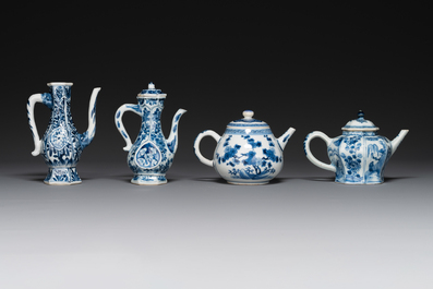 Two Chinese blue and white ewers and two teapots, Kangxi