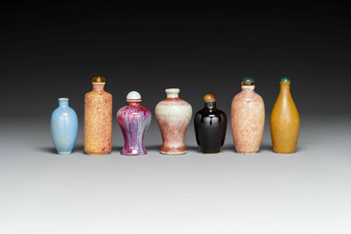 Seven varied Chinese monochrome snuff bottles, Kangxi mark, 18/19th C.