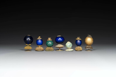 Seven Chinese gilt bronze Mandarin hat finials, Qing