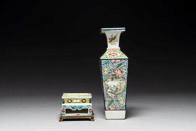 A square Chinese famille rose vase and stand with gilt bronze mount, Yongzheng