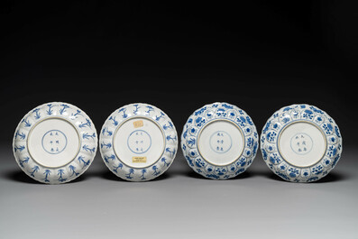 A pair of Chinese blue and white 'Mongolian hunting scene' plates and a pair of plates with floral design, Chenghua and Kangxi mark, Kangxi