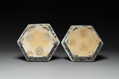 A pair of hexagonal Chinese Canton famille rose jardinieres on stands, 19th C.