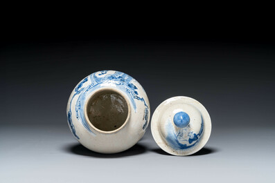 A Chinese celadon-ground blue and white dish and a vase and cover, Chenghua mark, 19th C.