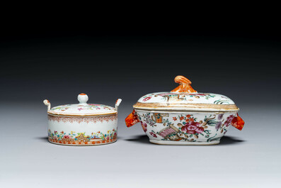 Three Chinese famille rose plates, a butter tub and a tureen and cover, Qianlong