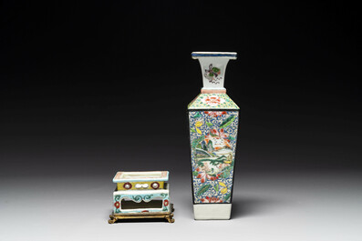 A square Chinese famille rose vase and stand with gilt bronze mount, Yongzheng