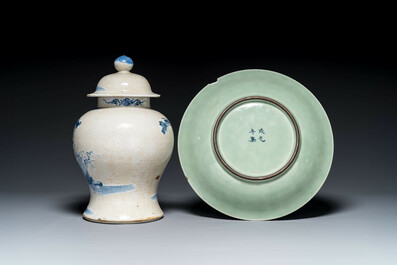 A Chinese celadon-ground blue and white dish and a vase and cover, Chenghua mark, 19th C.