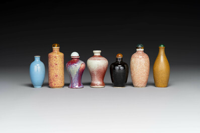 Seven varied Chinese monochrome snuff bottles, Kangxi mark, 18/19th C.