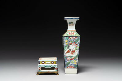 A square Chinese famille rose vase and stand with gilt bronze mount, Yongzheng