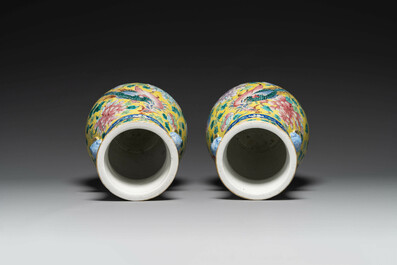 A pair of Chinese famille rose yellow-ground 'hu' vases for the Straits or Peranakan market, 19th C.