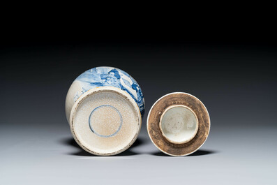 A Chinese celadon-ground blue and white dish and a vase and cover, Chenghua mark, 19th C.
