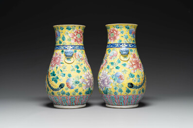 A pair of Chinese famille rose yellow-ground 'hu' vases for the Straits or Peranakan market, 19th C.