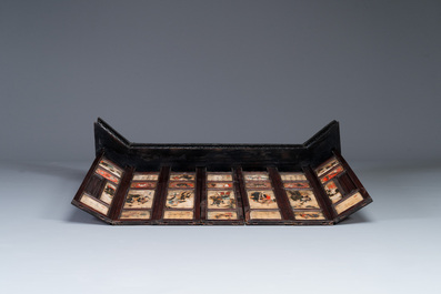 A Chinese seven-fold wooden table screen with painted marble plaques, 19th C.