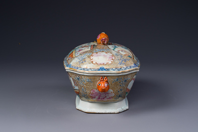 A Chinese Canton famille rose 'mandarin subject' tureen, cover and stand, Qianlong