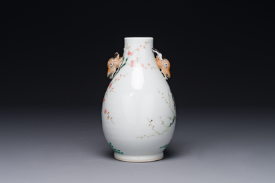 A Chinese famille rose 'hu' vase with peacocks, Yongzheng mark, 19th C.