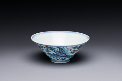 A Chinese doucai conical 'phoenixes' bowl, Chenghua mark, Kangxi/Yongzheng