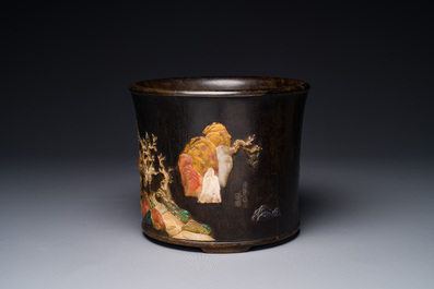 A large Chinese precious-stone-embellished zitan wood brush pot, 17/18th C.