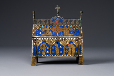A Limoges champlev&eacute; enamel reliquary casket depicting the murder of Thomas Becket, France