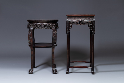 Two Chinese carved wooden stands with marble tops, 19th C.