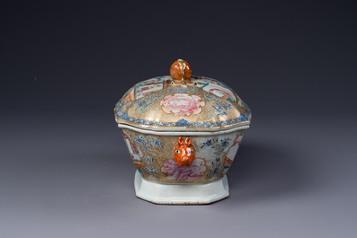 A Chinese Canton famille rose 'mandarin subject' tureen, cover and stand, Qianlong