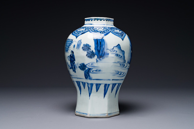 A Chinese blue and white octagonal 'Jia Guan Jin Jue 加官晉爵' vase, Transitional period