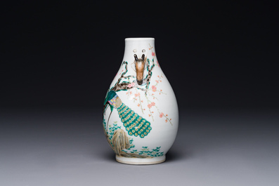 A Chinese famille rose 'hu' vase with peacocks, Yongzheng mark, 19th C.
