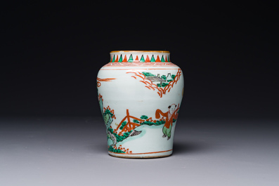 A small Chinese wucai jar with figures in a landscape, Transitional period